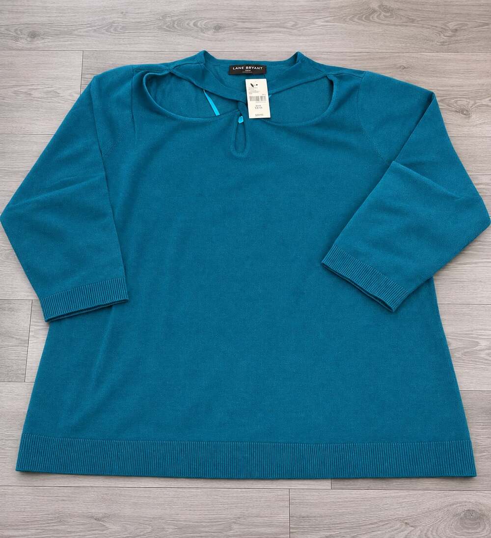 Lane Bryant Teal Blue Keyhole Cutout Neckline 3/4 Sleeve Sweater Top NWT 18/20